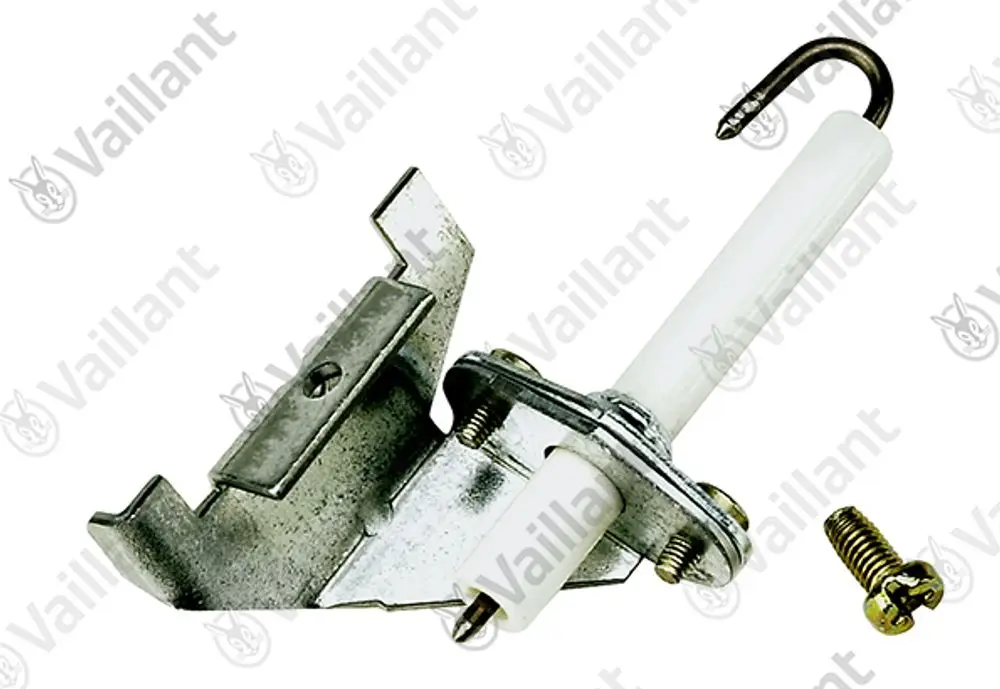 Vaillant Elektrode mit metallischer Halterung und Schraube, ausgestattet mit einem weißen Isolator und einem gebogenen Haken.
